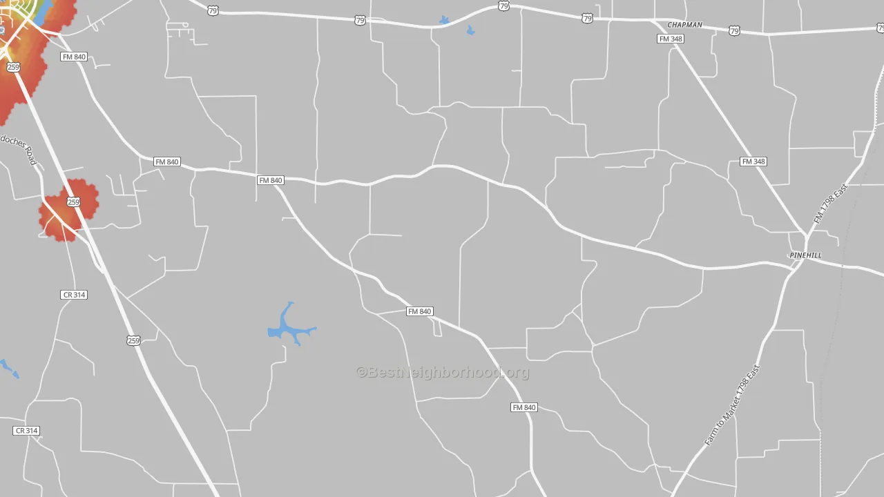 Walk Grade map of Minden, TX, walkable areas in green and car-dependent areas in red