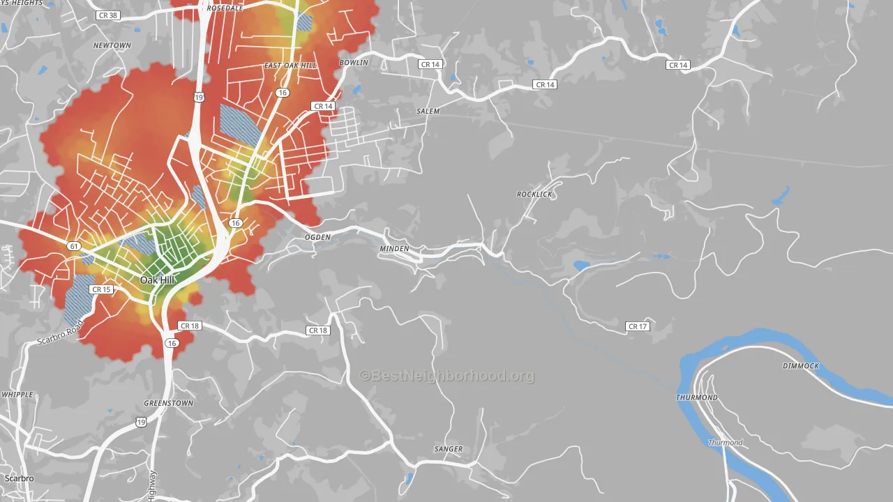 Walk Grade map of Minden, WV, walkable areas in green and car-dependent areas in red