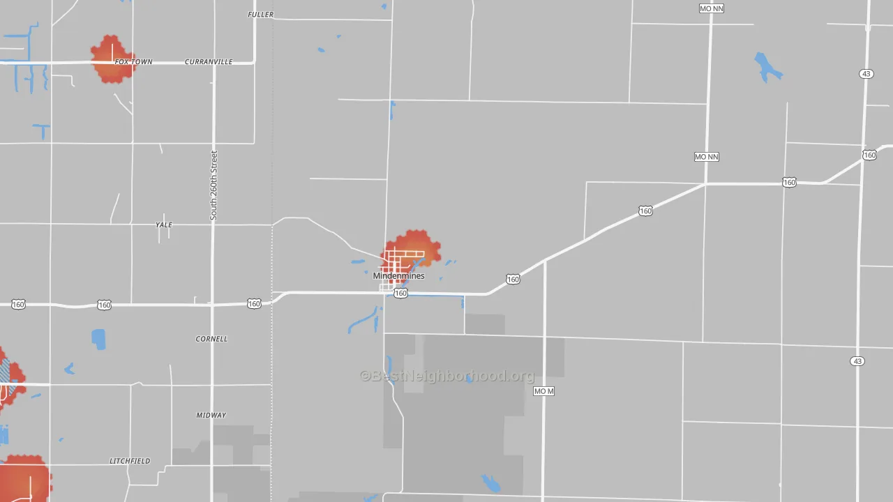 Walk Grade map of Mindenmines, MO, walkable areas in green and car-dependent areas in red