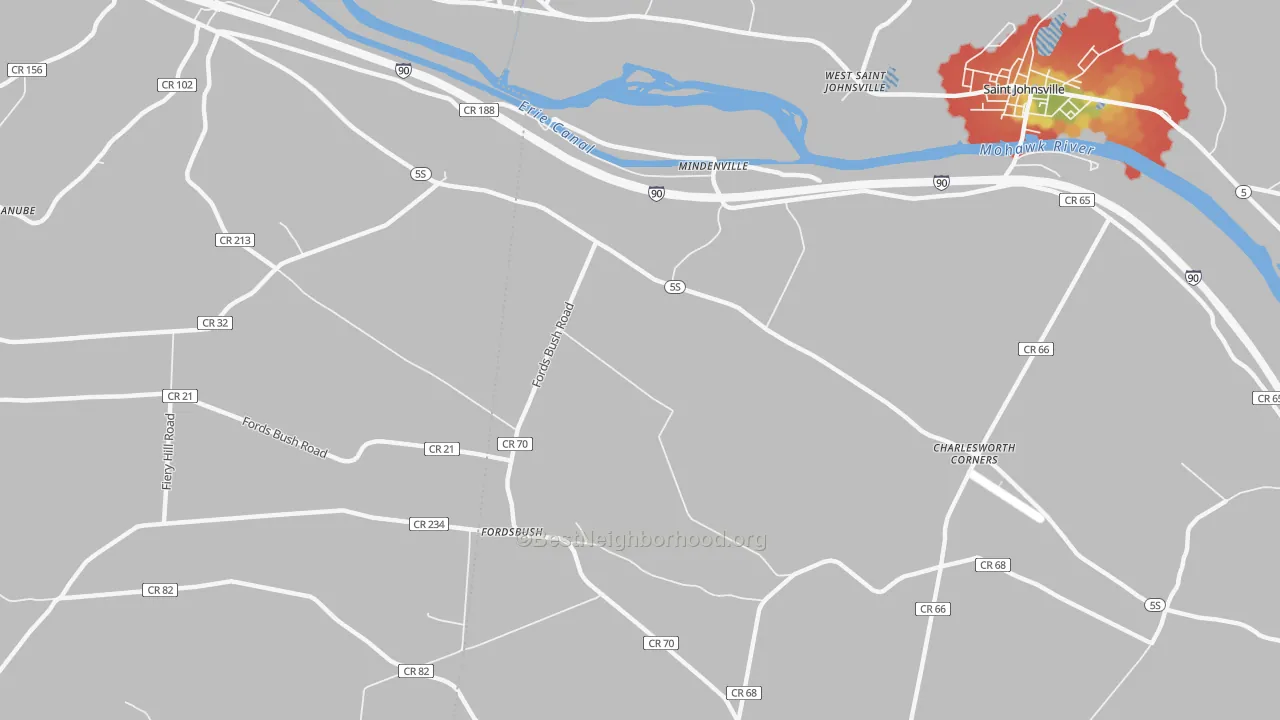Walk Grade map of Mindenville, NY, walkable areas in green and car-dependent areas in red