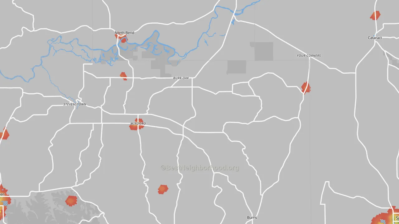 Walk Grade map of Mindoro, WI, walkable areas in green and car-dependent areas in red