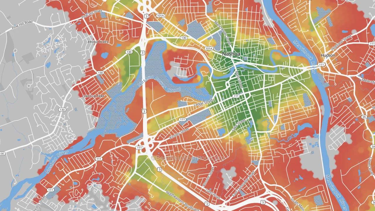 Walk Grade map of Mine Falls Park, Nashua, NH, walkable areas in green and car-dependent areas in red