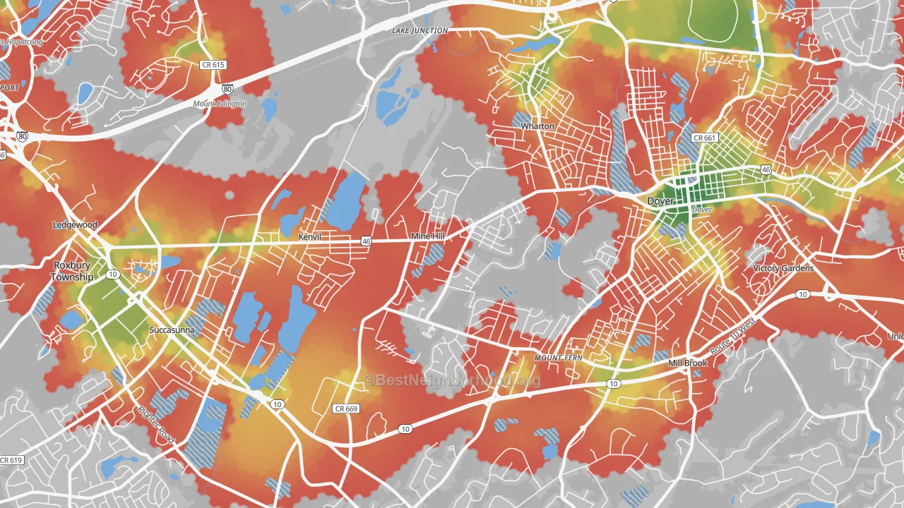 Walk Grade map of Mine Hill, NJ, walkable areas in green and car-dependent areas in red