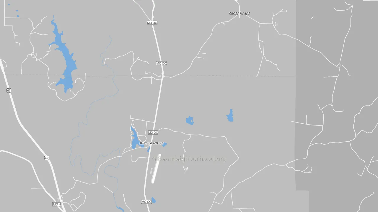 Walk Grade map of Mine La Motte, MO, walkable areas in green and car-dependent areas in red