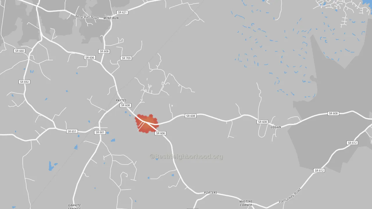 Walk Grade map of Mine Run, VA, walkable areas in green and car-dependent areas in red