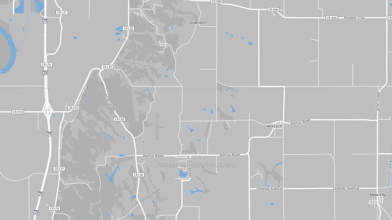 Walk Grade map of Mineola, IA, walkable areas in green and car-dependent areas in red