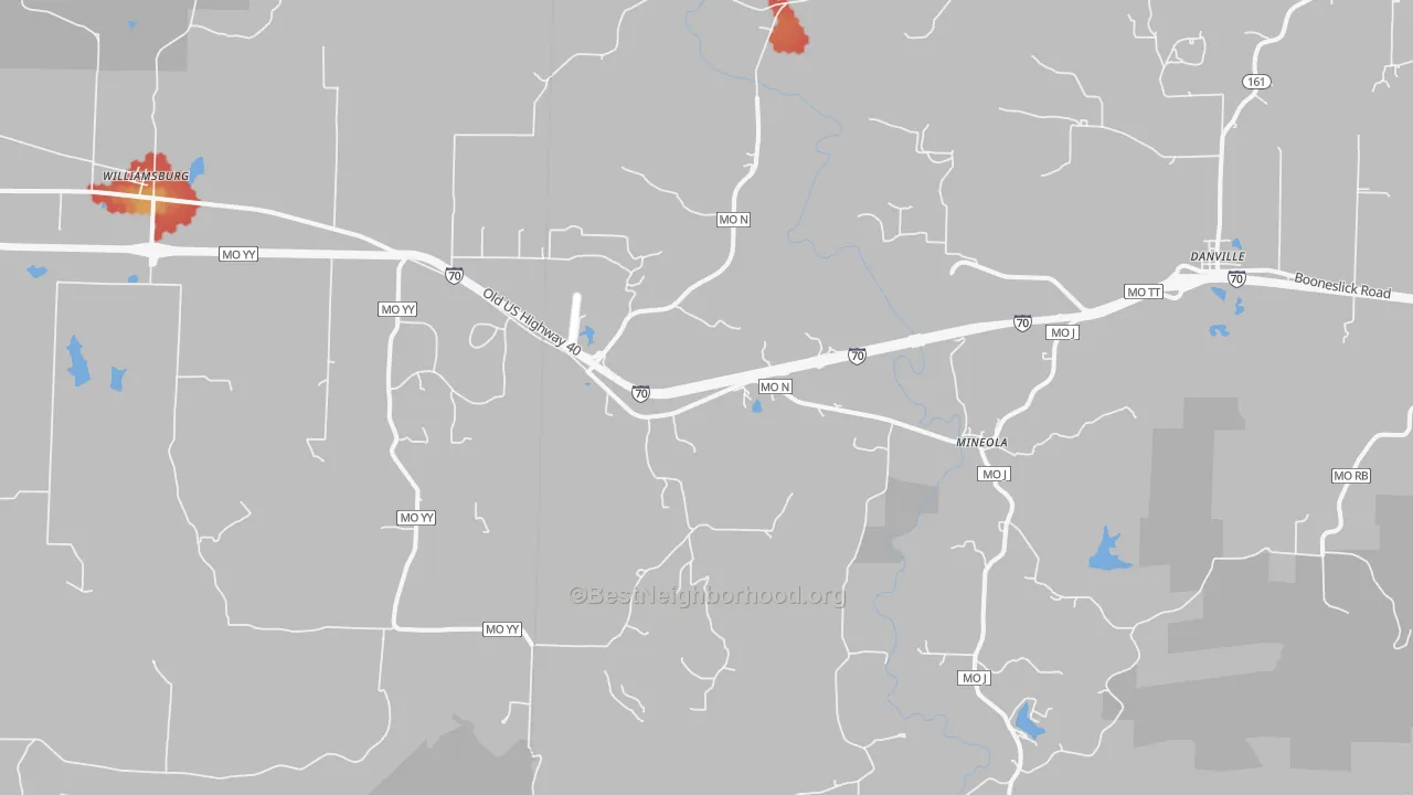 Walk Grade map of Mineola, MO, walkable areas in green and car-dependent areas in red