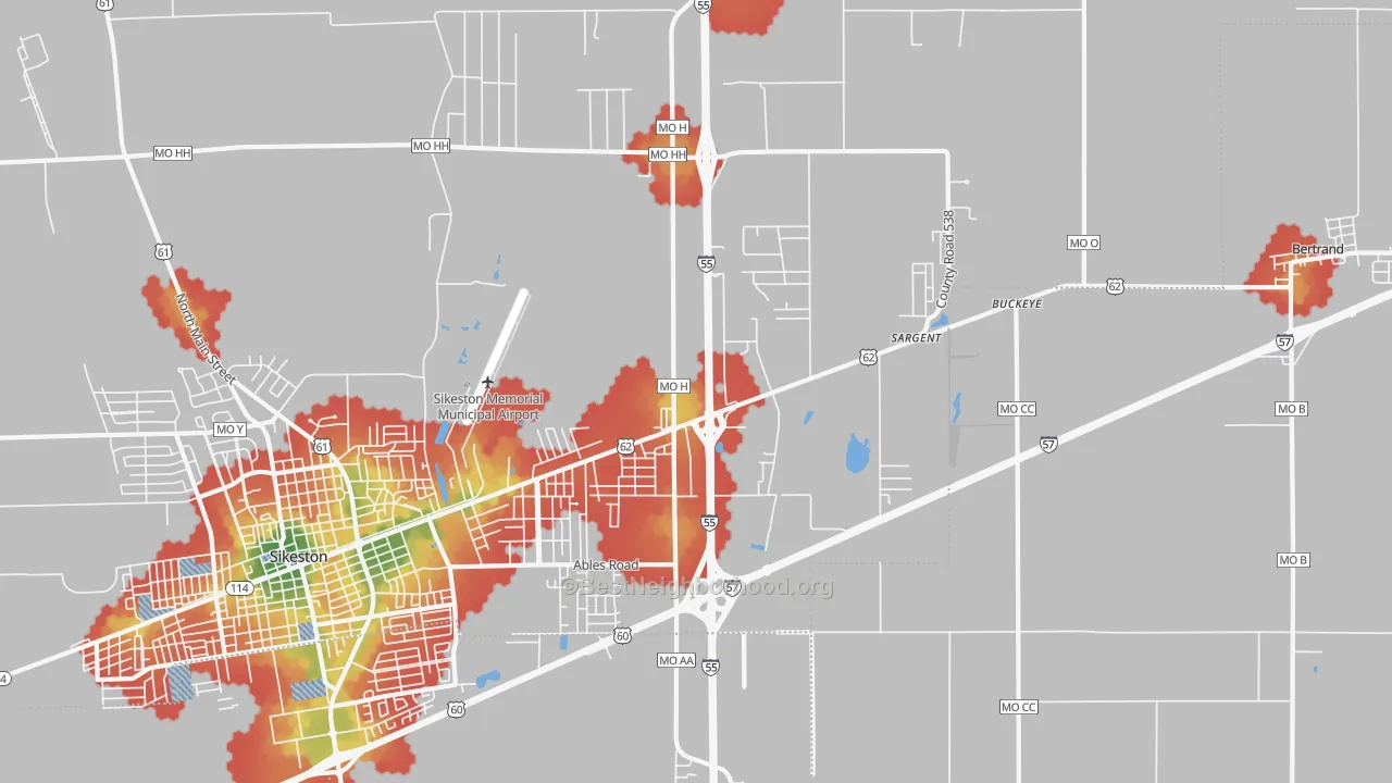 Walk Grade map of Miner, MO, walkable areas in green and car-dependent areas in red