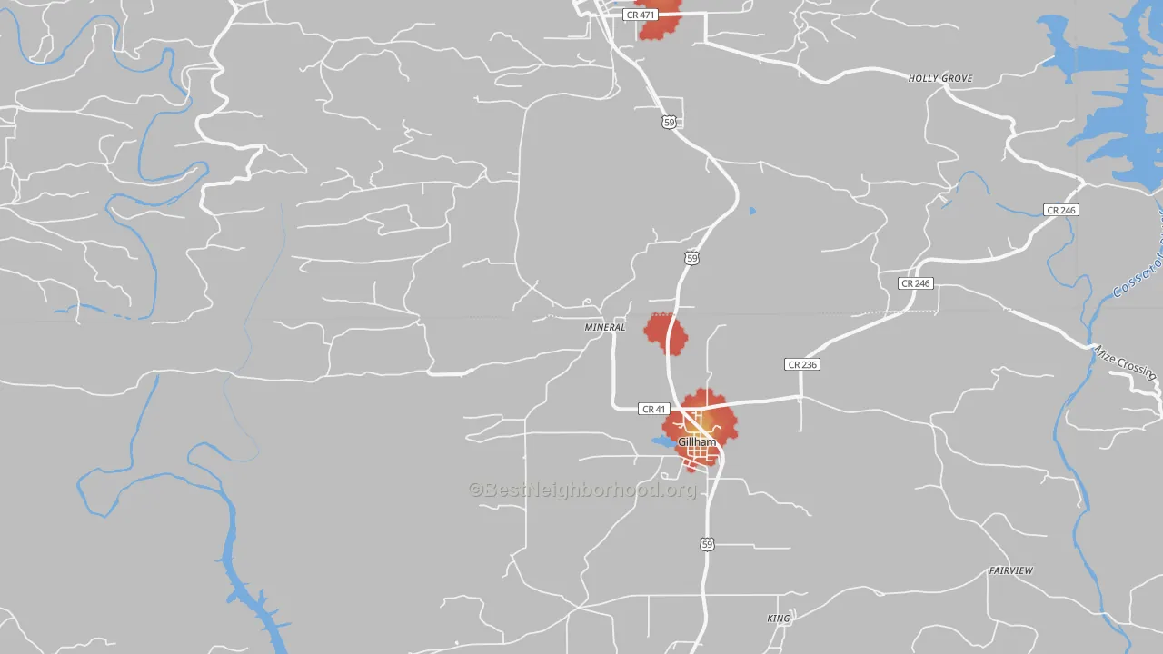 Walk Grade map of Mineral, AR, walkable areas in green and car-dependent areas in red