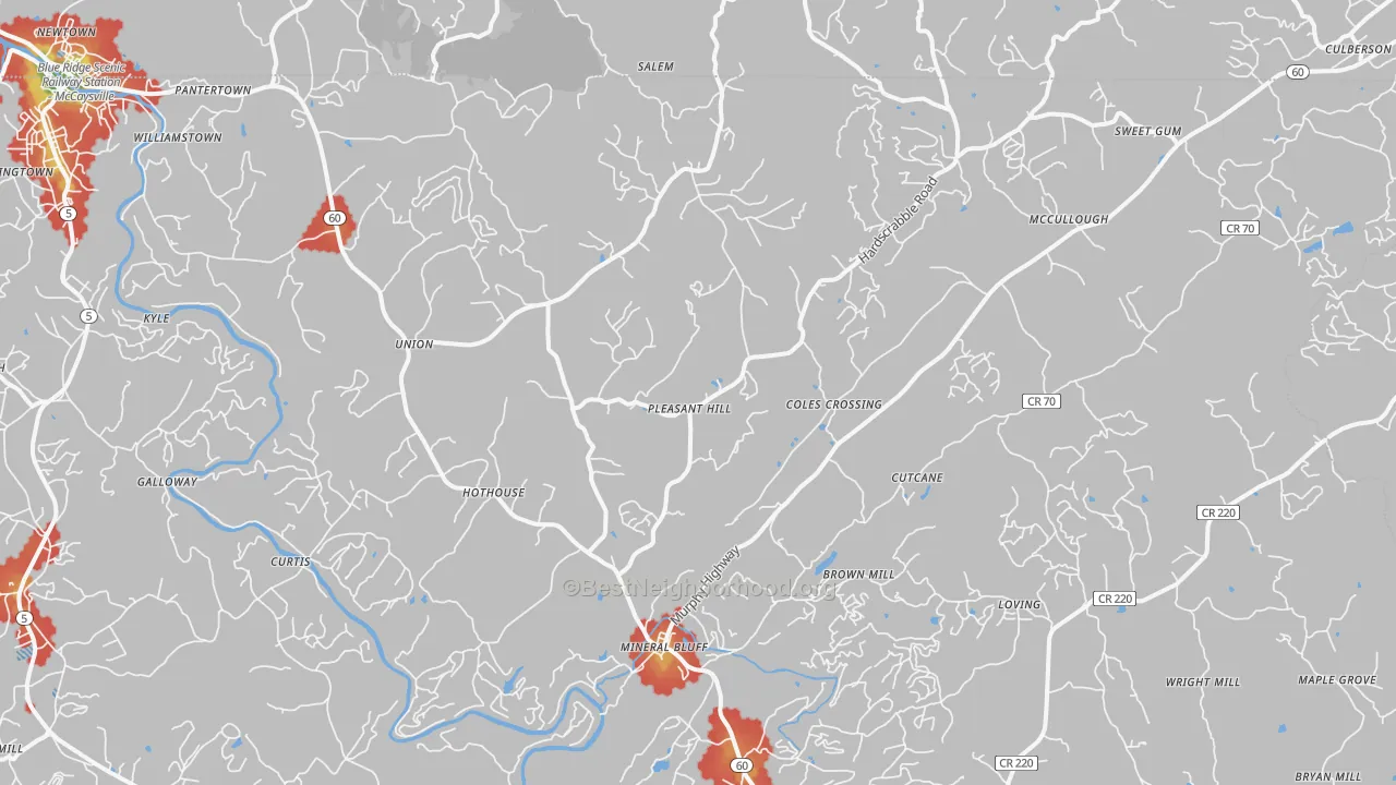 Walk Grade map of Mineral Bluff, GA, walkable areas in green and car-dependent areas in red