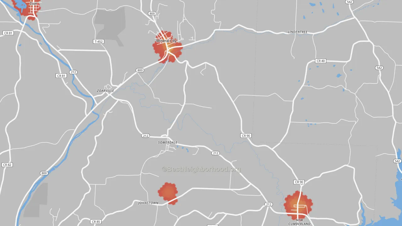Walk Grade map of Mineral City, OH, walkable areas in green and car-dependent areas in red