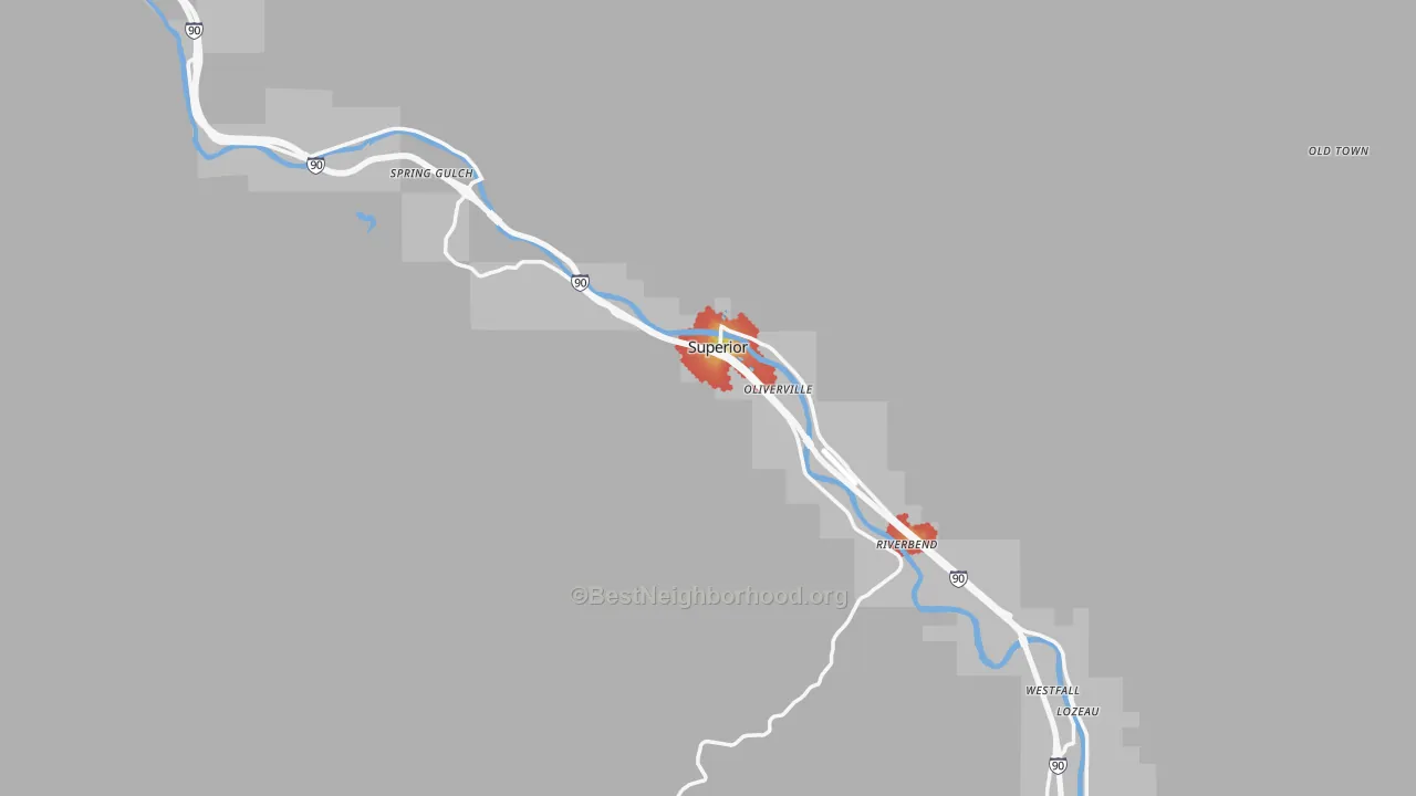 Walk Grade map of Mineral County, MT, walkable areas in green and car-dependent areas in red