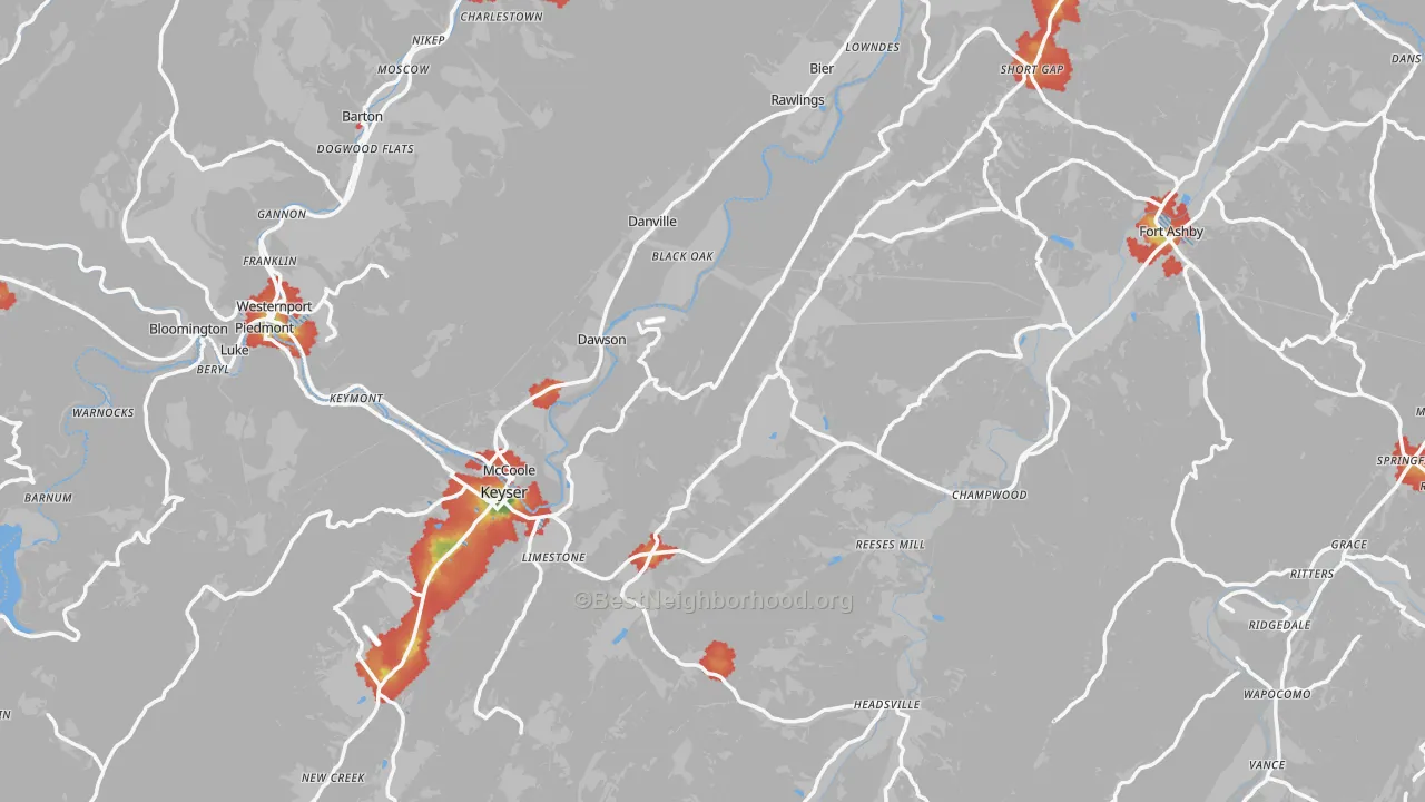 Walk Grade map of Mineral County, WV, walkable areas in green and car-dependent areas in red