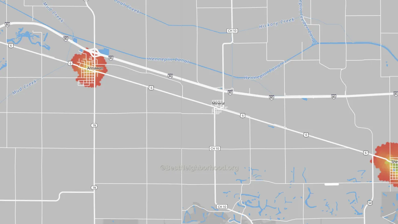 Walk Grade map of Mineral, IL, walkable areas in green and car-dependent areas in red
