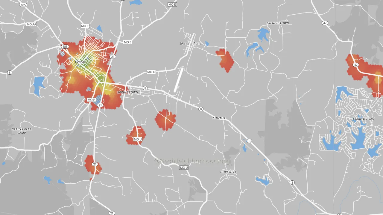 Walk Grade map of Mineral Point, MO, walkable areas in green and car-dependent areas in red
