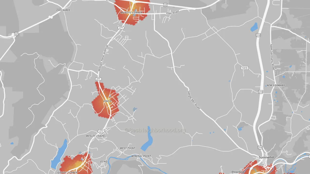 Walk Grade map of Mineral Point, PA, walkable areas in green and car-dependent areas in red