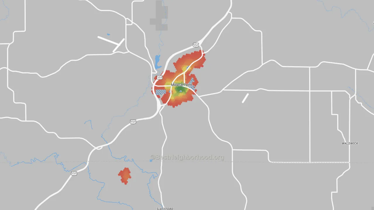 Walk Grade map of Mineral Point, WI, walkable areas in green and car-dependent areas in red