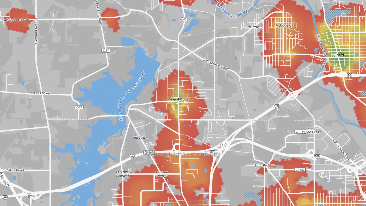 Walk Grade map of Mineral Ridge, OH, walkable areas in green and car-dependent areas in red