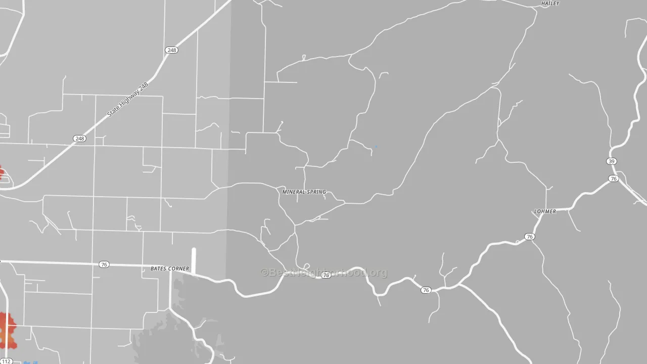 Walk Grade map of Mineral Spring, MO, walkable areas in green and car-dependent areas in red