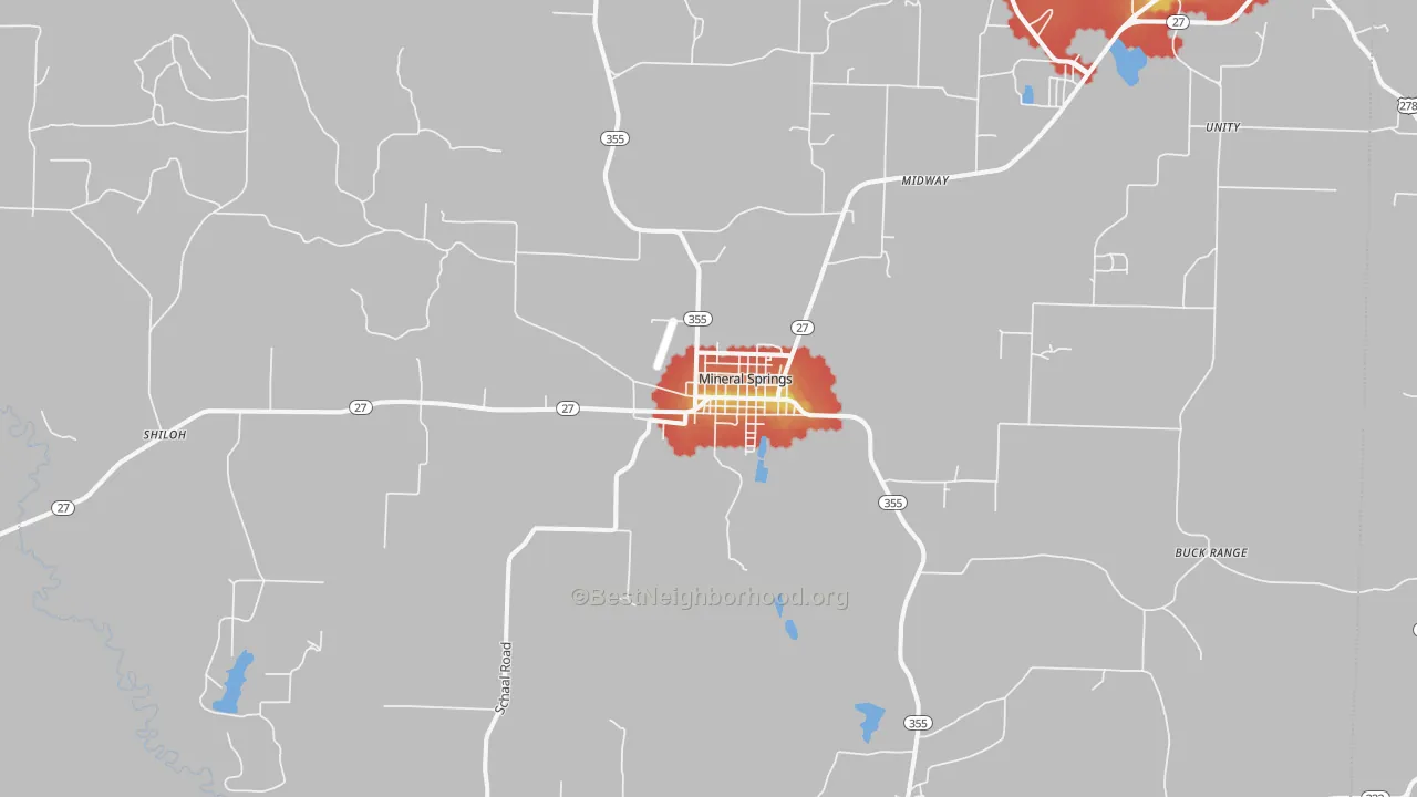 Walk Grade map of Mineral Springs, AR, walkable areas in green and car-dependent areas in red