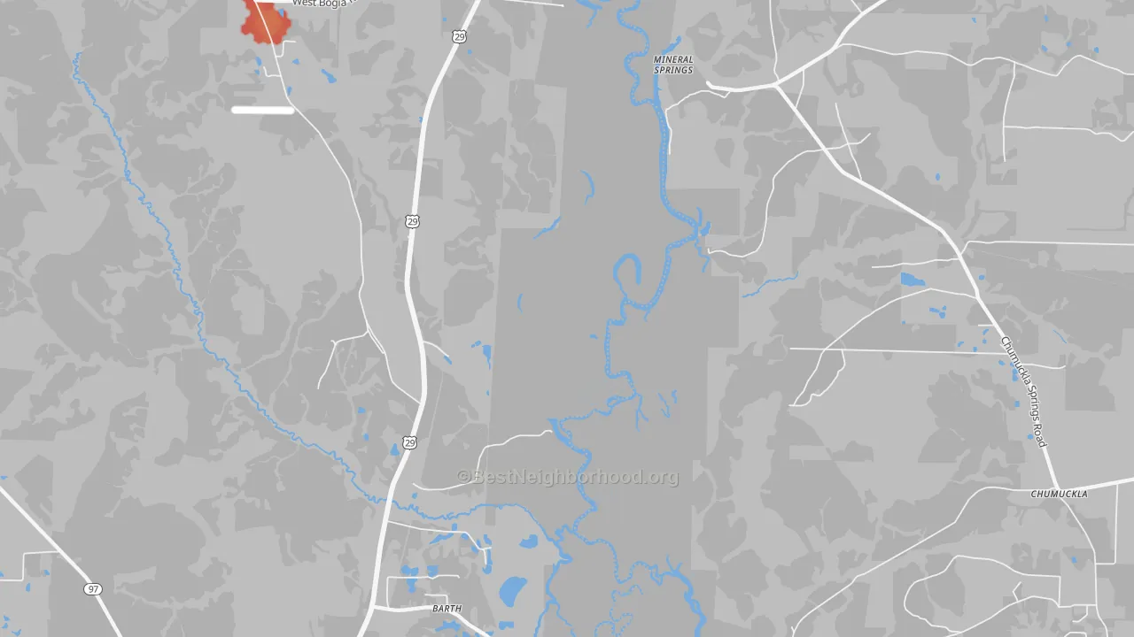 Walk Grade map of Mineral Springs, FL, walkable areas in green and car-dependent areas in red