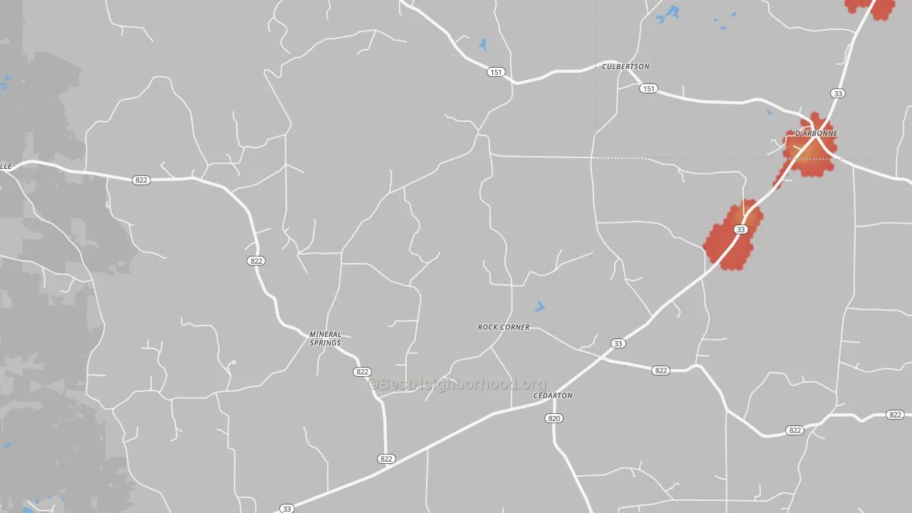 Walk Grade map of Mineral Springs, LA, walkable areas in green and car-dependent areas in red