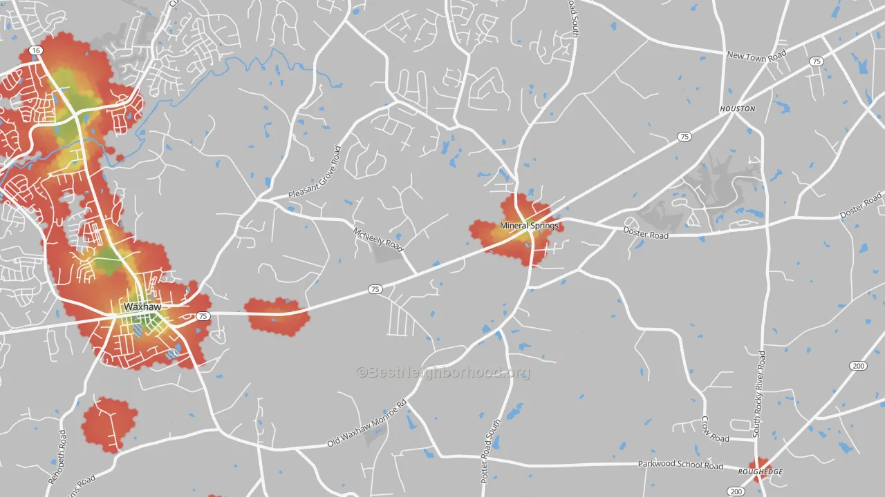 Walk Grade map of Mineral Springs, NC, walkable areas in green and car-dependent areas in red
