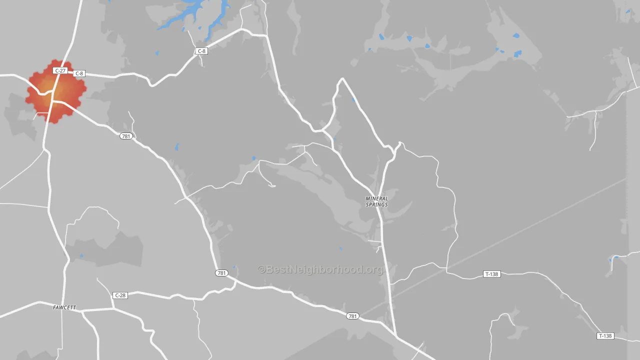 Walk Grade map of Mineral Springs, OH, walkable areas in green and car-dependent areas in red