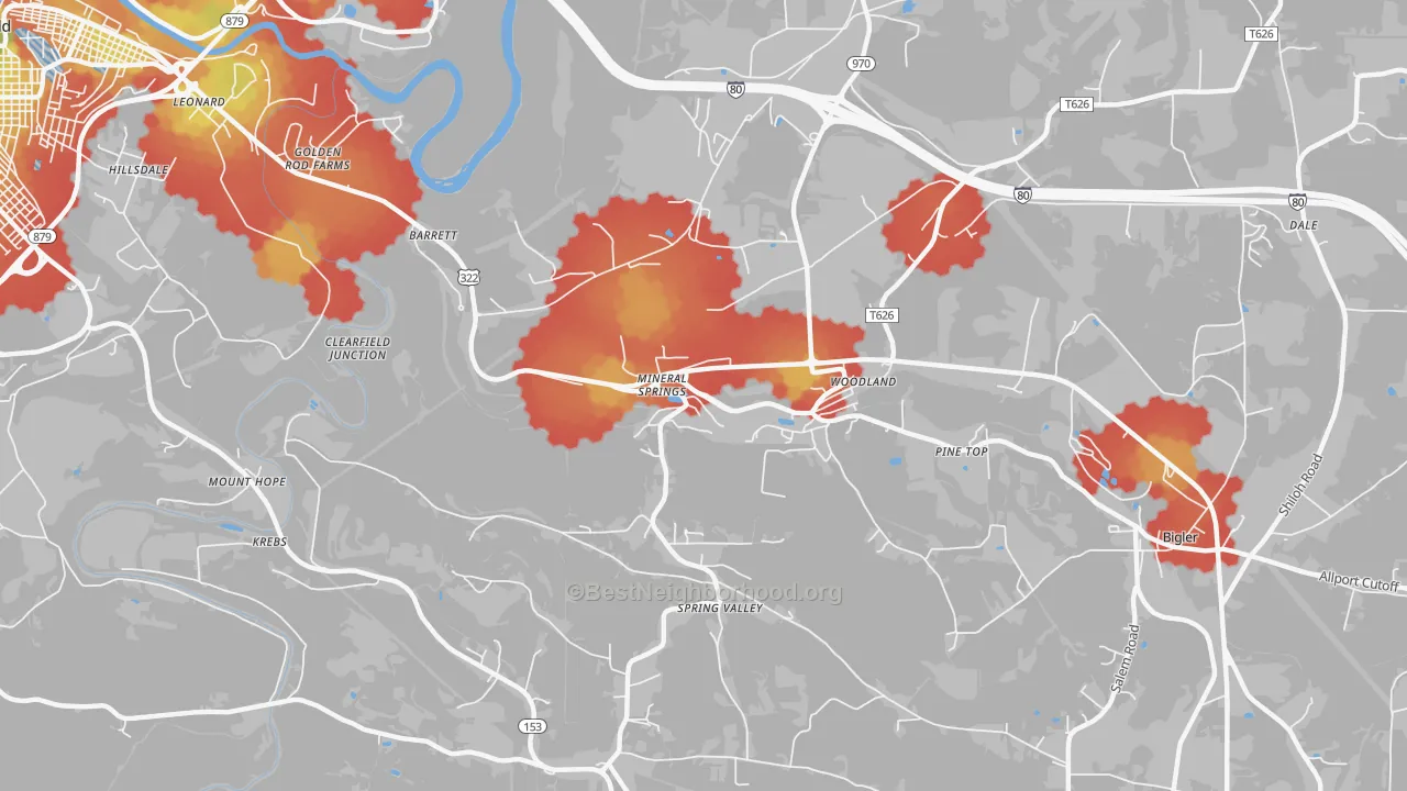 Walk Grade map of Mineral Springs, PA, walkable areas in green and car-dependent areas in red