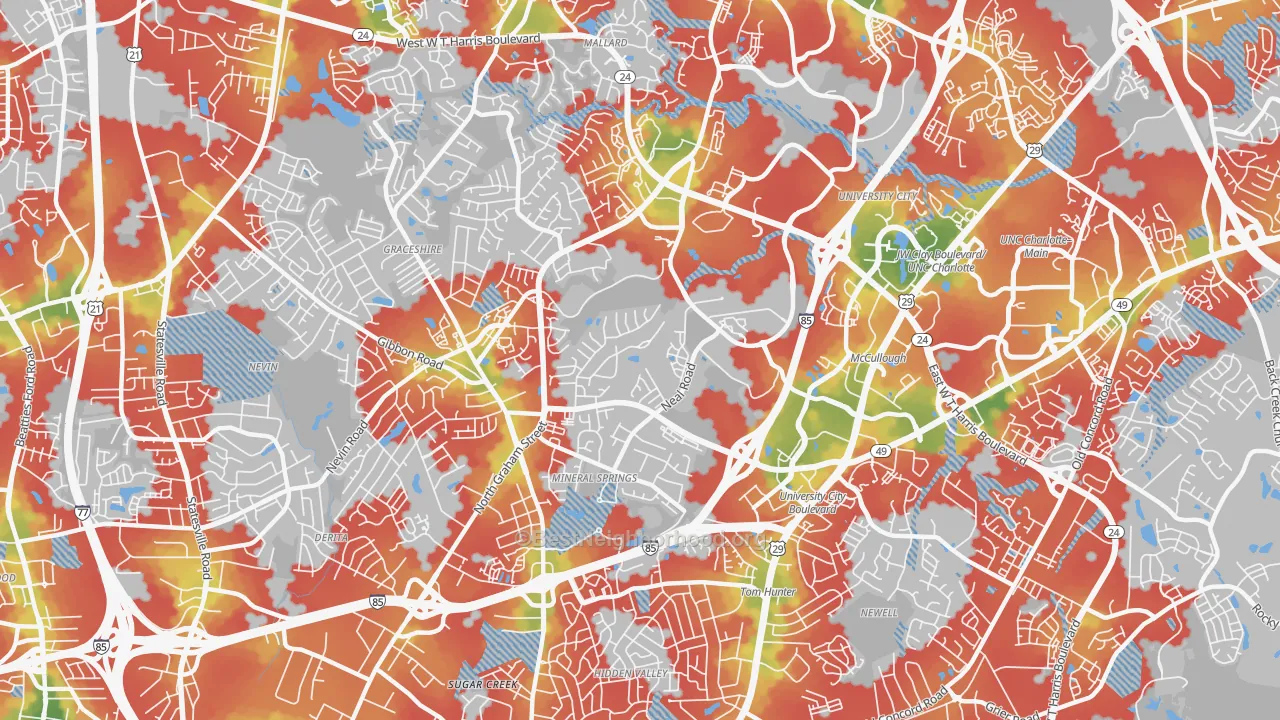 Walk Grade map of Mineral Springs-Rumble Road, Charlotte, NC, walkable areas in green and car-dependent areas in red