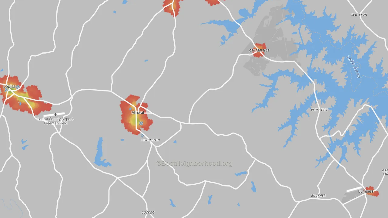 Walk Grade map of Mineral, VA, walkable areas in green and car-dependent areas in red