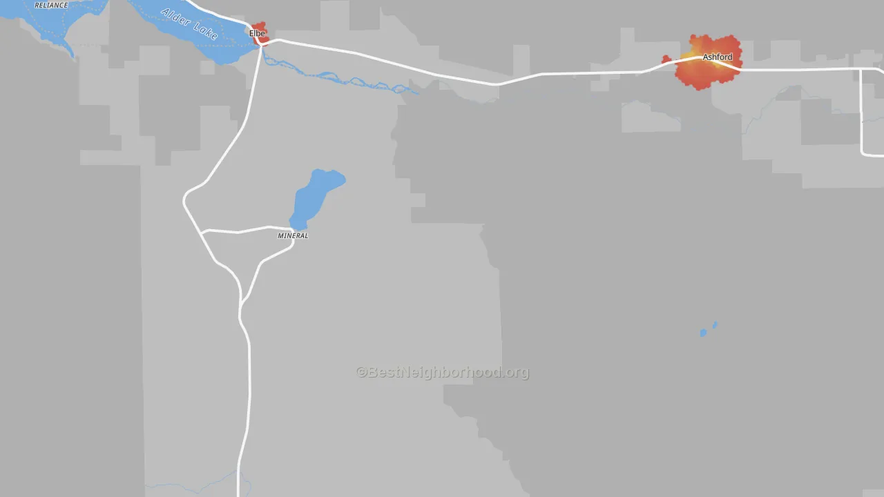 Walk Grade map of Mineral, WA, walkable areas in green and car-dependent areas in red