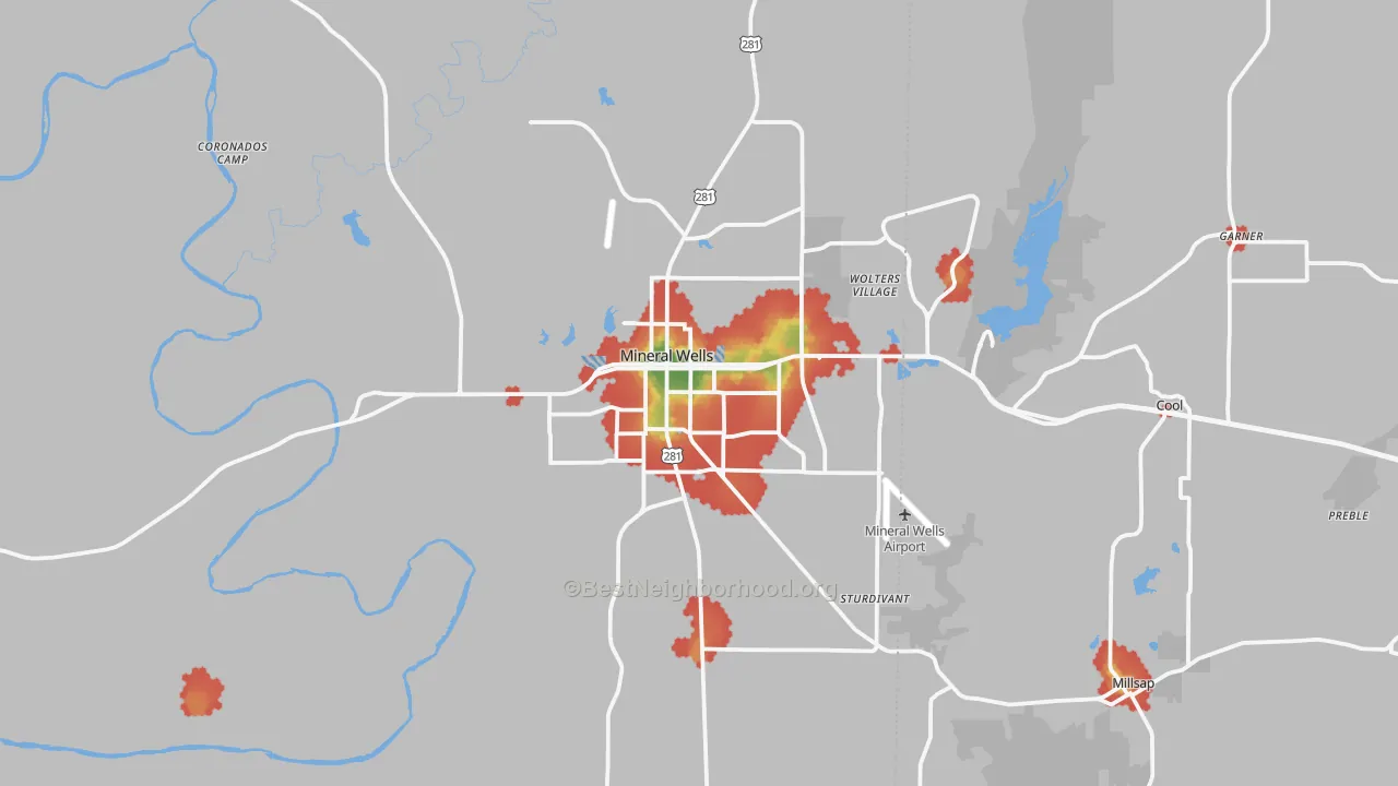 Walk Grade map of Mineral Wells, TX, walkable areas in green and car-dependent areas in red