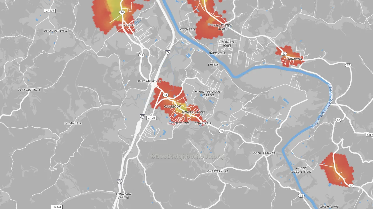Walk Grade map of Mineralwells, WV, walkable areas in green and car-dependent areas in red