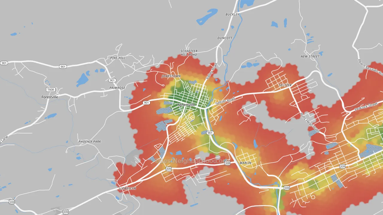 Walk Grade map of Minersville, PA, walkable areas in green and car-dependent areas in red