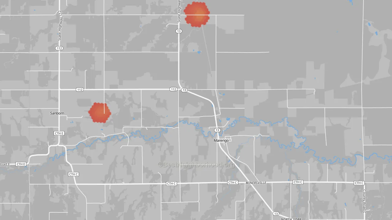 Walk Grade map of Minersville, WI, walkable areas in green and car-dependent areas in red