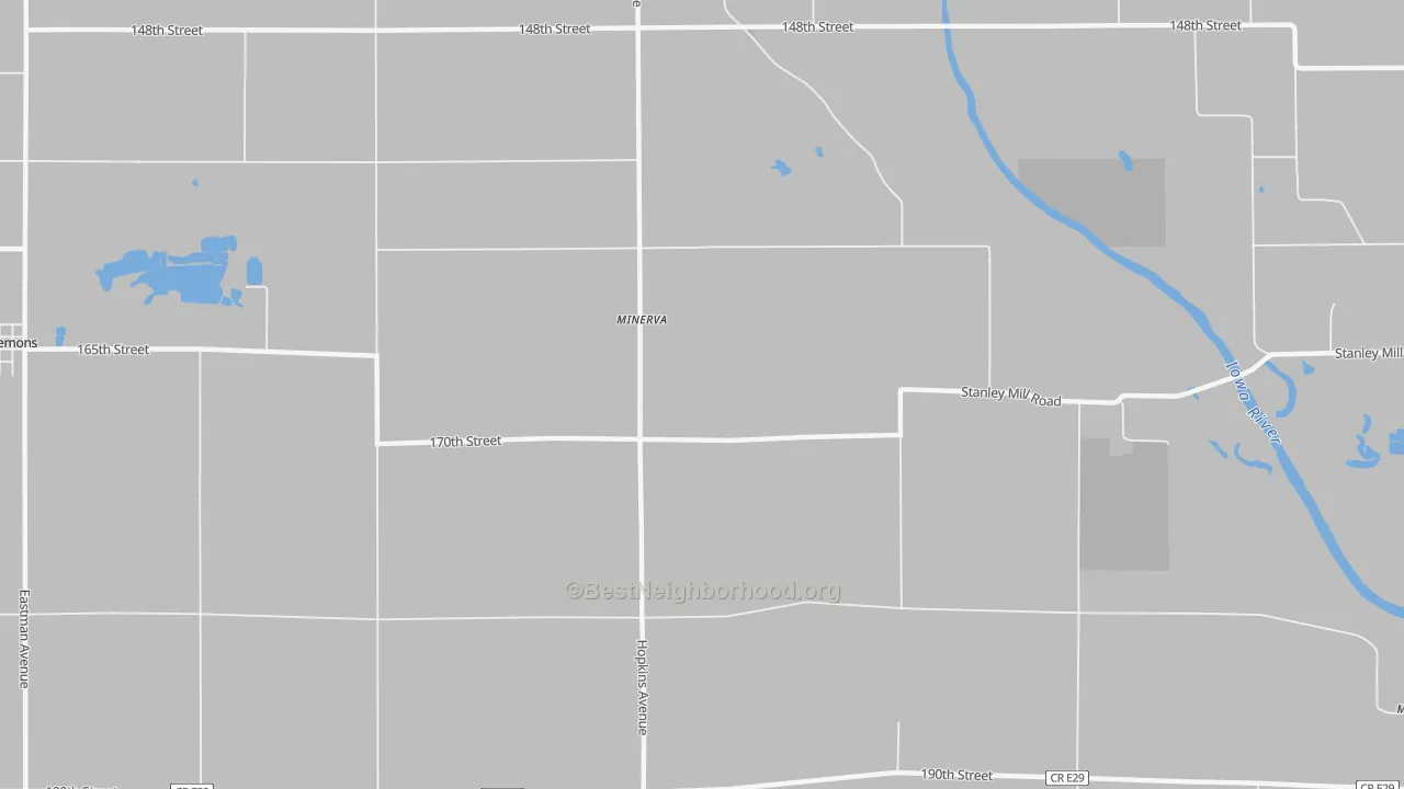 Walk Grade map of Minerva, IA, walkable areas in green and car-dependent areas in red