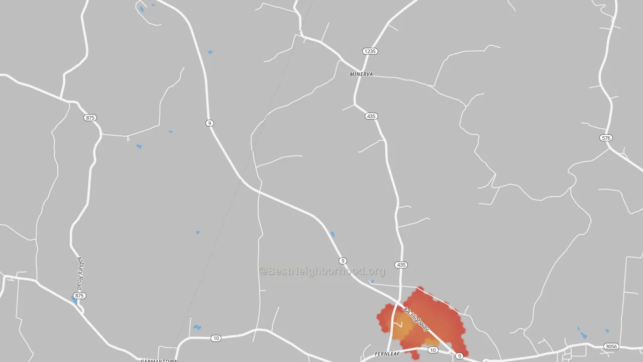 Walk Grade map of Minerva, KY, walkable areas in green and car-dependent areas in red