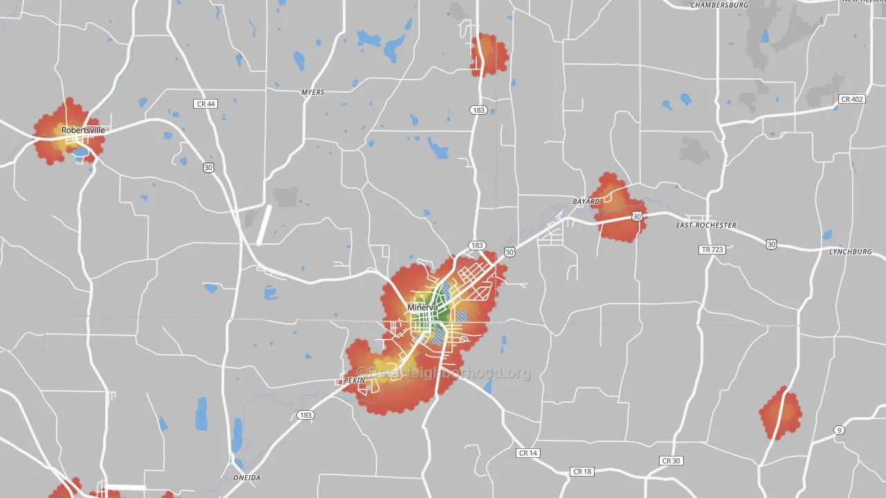 Walk Grade map of Minerva, OH, walkable areas in green and car-dependent areas in red
