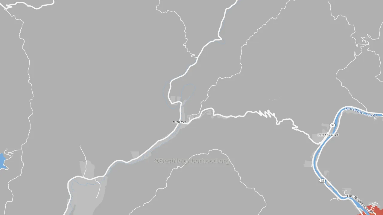 Walk Grade map of Minerva, OR, walkable areas in green and car-dependent areas in red
