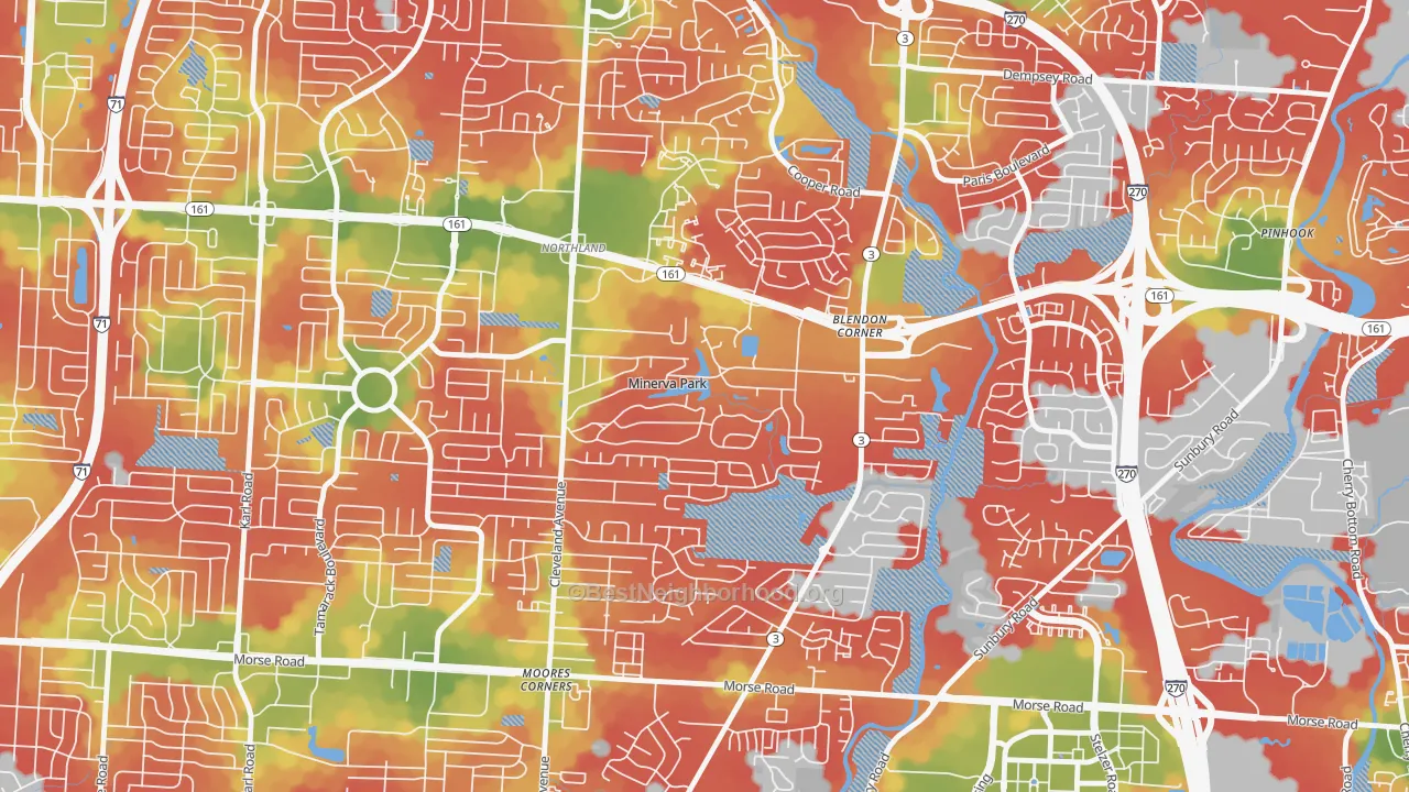 Walk Grade map of Minerva Park, OH, walkable areas in green and car-dependent areas in red