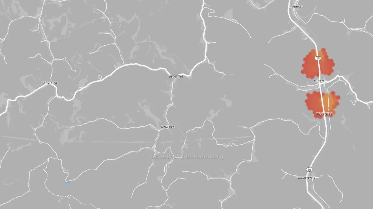 Walk Grade map of Minerva, WV, walkable areas in green and car-dependent areas in red