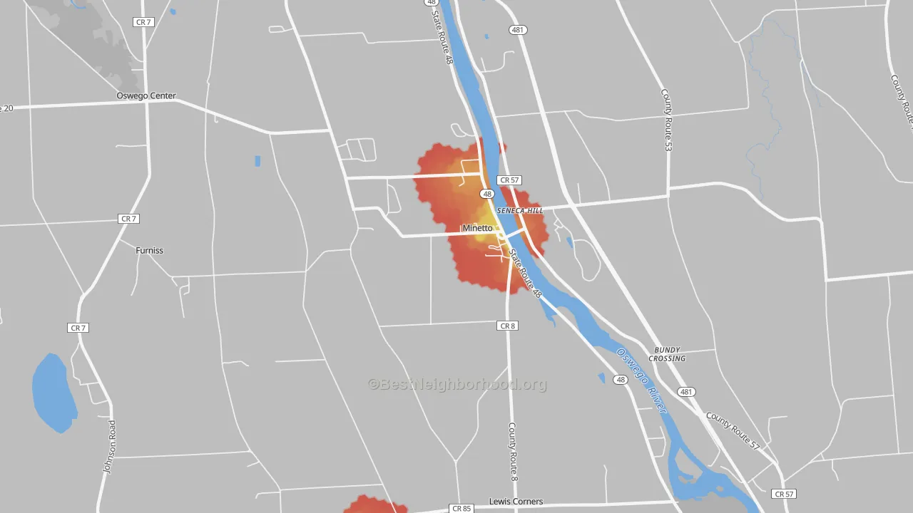 Walk Grade map of Minetto, NY, walkable areas in green and car-dependent areas in red