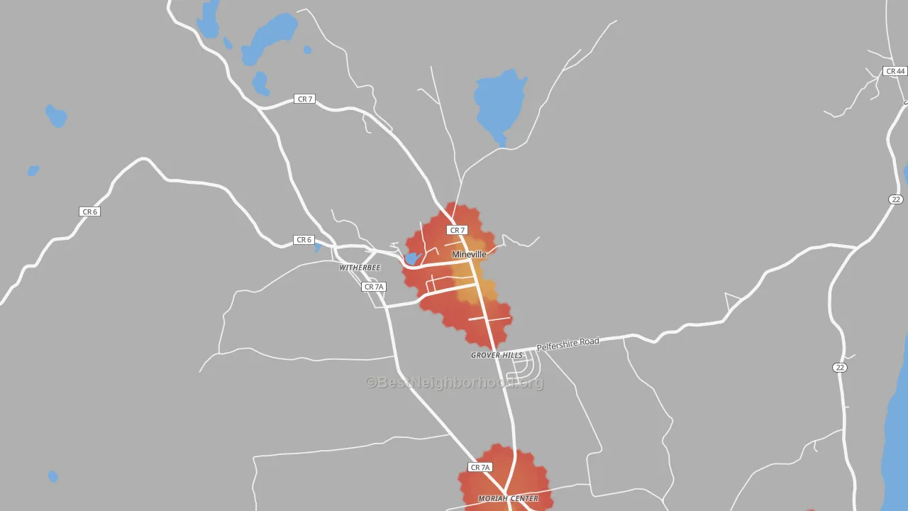 Walk Grade map of Mineville, NY, walkable areas in green and car-dependent areas in red