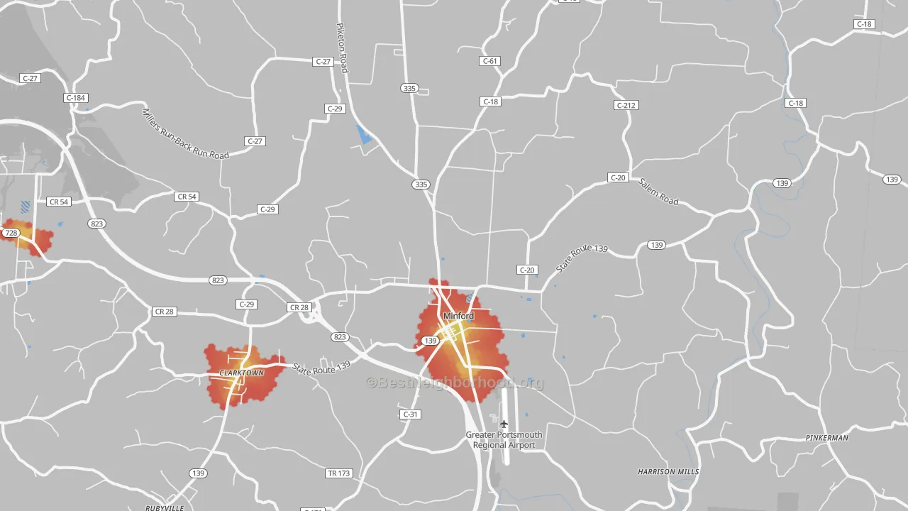 Walk Grade map of Minford, OH, walkable areas in green and car-dependent areas in red