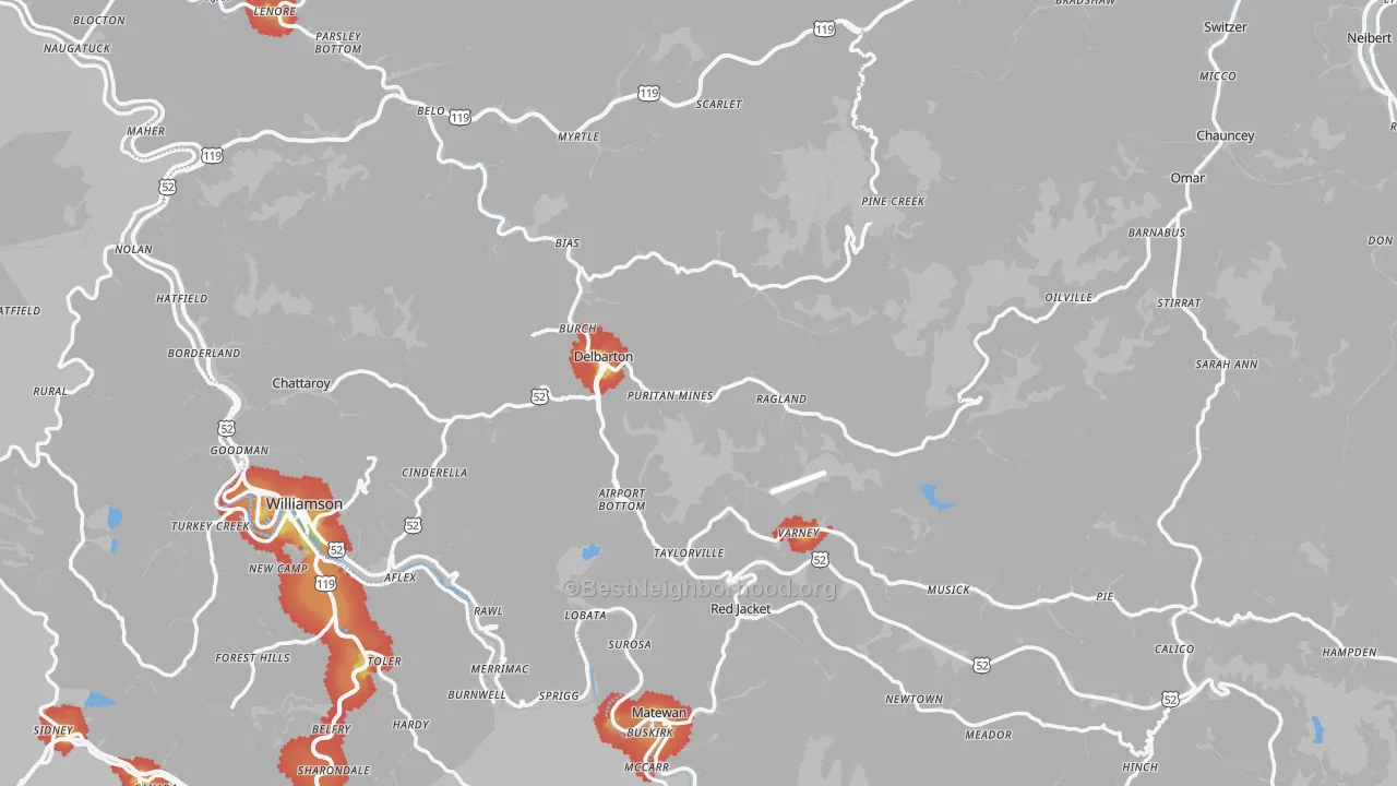 Walk Grade map of Mingo County, WV, walkable areas in green and car-dependent areas in red