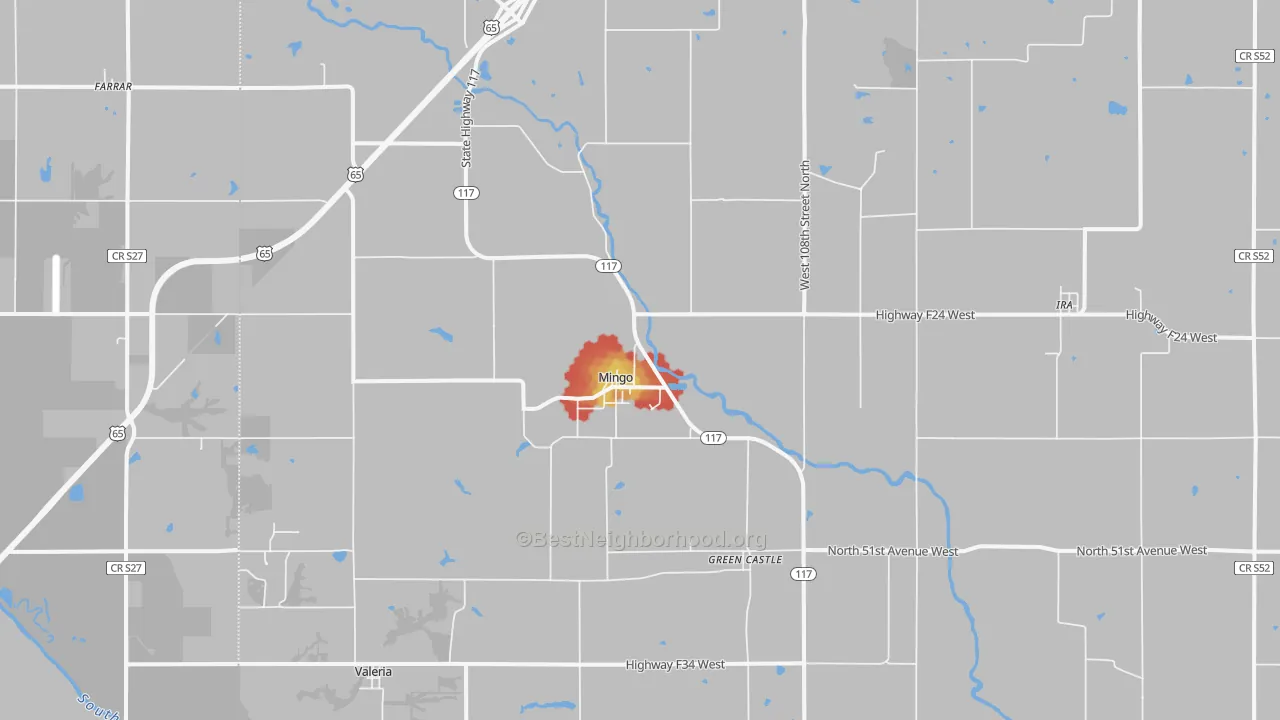 Walk Grade map of Mingo, IA, walkable areas in green and car-dependent areas in red