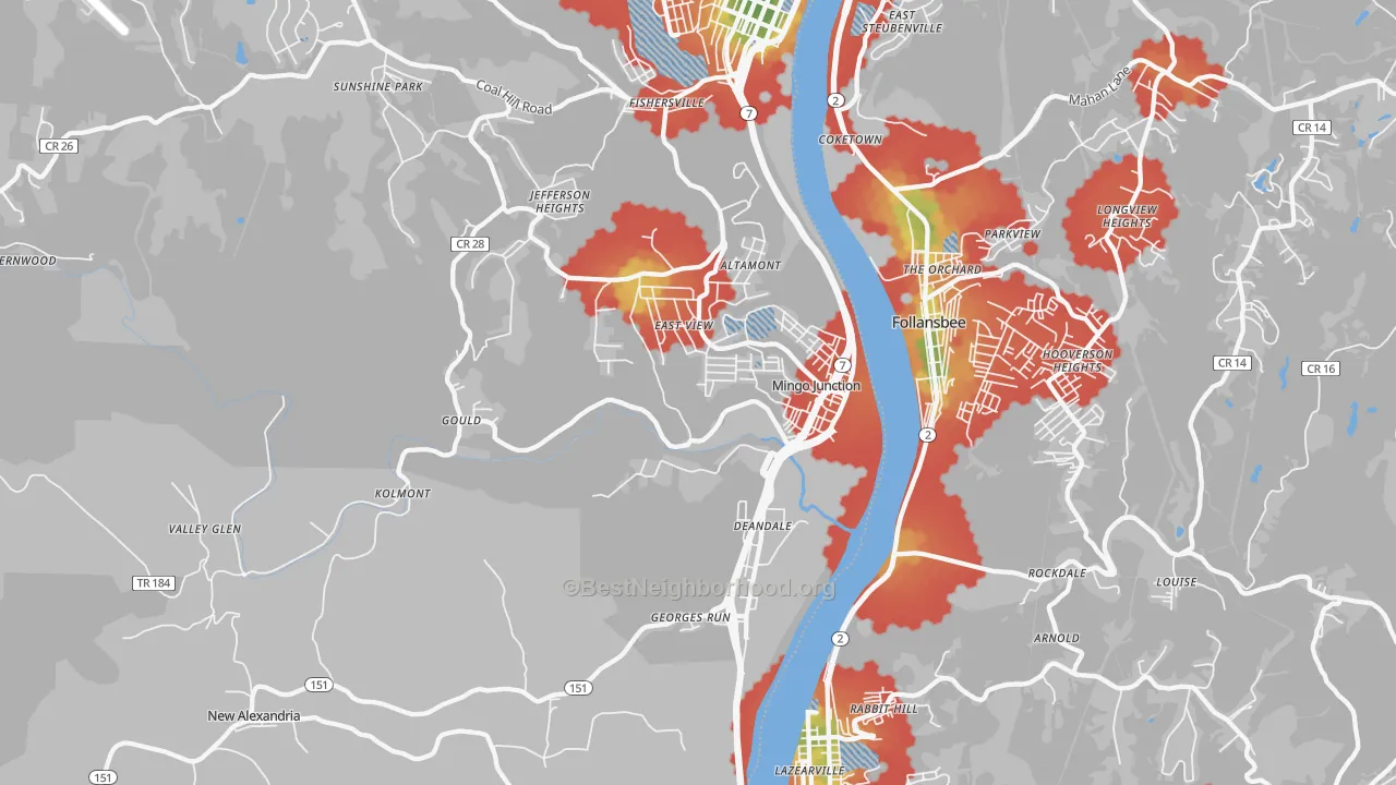 Walk Grade map of Mingo Junction, OH, walkable areas in green and car-dependent areas in red