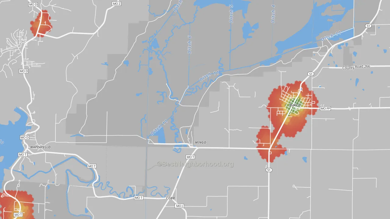 Walk Grade map of Mingo, MO, walkable areas in green and car-dependent areas in red