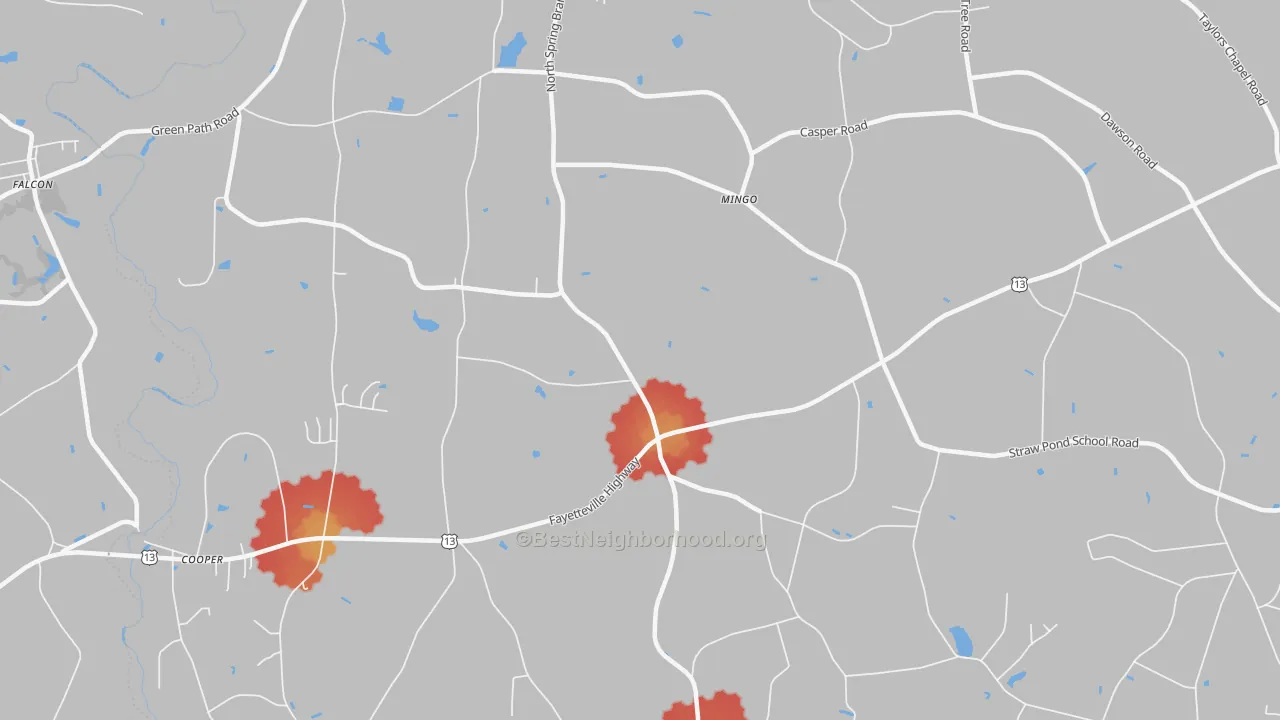 Walk Grade map of Mingo, NC, walkable areas in green and car-dependent areas in red